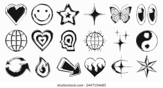 Cool Trendy Y2k Icon Signs Vector Design. Chrome Cyber Punk Symbols.