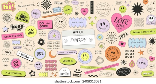 Cool Trendy Y2k Stickers Collage Pattern. Smile Emoticon Patches Vector Design. Pop Art Illustration.