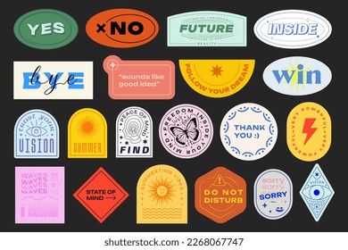 Cool Trendy Y2K Stickers Pack. Cyberpunk Patches. Futuristic Signs.