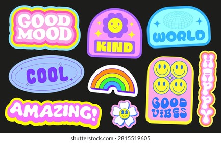 Cool Trendy Y2k Stickers Pack Vector Design. Groovy Cute Patches Graphic Elements. Pop Art Labels.