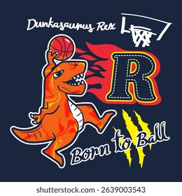 Cool T-Rex dinosaur playing basketball, cartoon style, vector illustration on navy blue background.