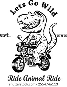 cool t-rex riding a small motor cycle in black and white line art hand drawn illustration