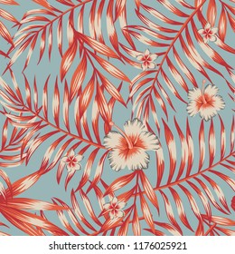 Cool tropical leaves. Hibiscus, plumeria flowers red, orange color. Seamless flat vector pattern on the blue background