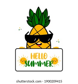 Cool tropischen Ananas Charakter in Sonnenbrillen halten Hallo Sommerkarte, Banner in den Händen.