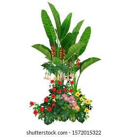 Cool Tropical Plants With Red Rose Flower, Yellow Flower, Violet Flower, And Green Leaves Ivy Plant Cartoon Set for your design
