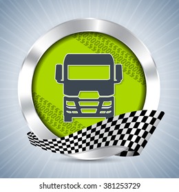 Cool truck badge design with tire tracks and race flag ribbon