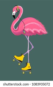 Cool t-shirt illustration with flamingo, player,headphones and rollers on the green background. Vector t-shirt illustration.