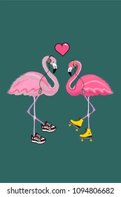 Cool t-shirt illustration with two flamingos, heart, player,headphones and rollers on the green background. Vector t-shirt illustration.Hand drawning Illustration for postcards, posters and other. 