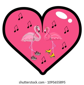 
Cool t-shirt illustration with two flamingos, heart, player,headphones and rollers. Vector t-shirt illustration.Hand drawning Illustration for postcards, posters and other. 