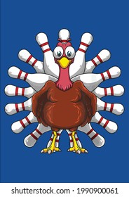 Cool Turkey Bowling Pin Feathers Funny Thanksgiving Vector Illustration Graphic Design for Document and Print