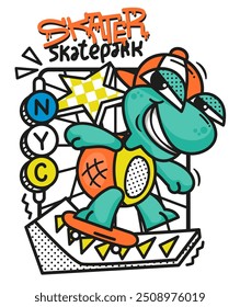 Garoto tartaruga legal desenhos animados montando skate isolado no vetor de ilustração de fundo branco, design de camiseta para impressão.