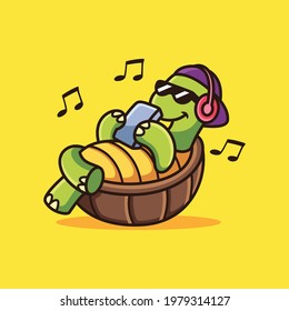 Cool Turtle Listening Music Cartoon. Animal Vector Icon Illustration, Isolated on Premium Vector