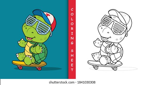 Cool turtle playing skateboard. Coloring sheet