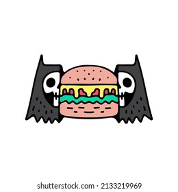 Cool Two half of cat skull head with cheeseburger inside, illustration for t-shirt, street wear, sticker, or apparel merchandise. With doodle, retro, and cartoon style.