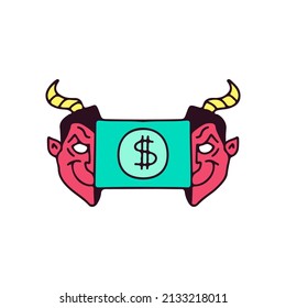 Cool Two half of red devil head with dollar inside, illustration for t-shirt, street wear, sticker, or apparel merchandise. With doodle, retro, and cartoon style.