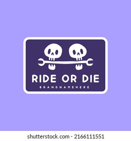Cool two skulls head bite a wrench, illustration for t-shirt, sticker, or apparel merchandise. With retro, and cartoon style.