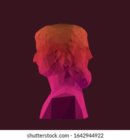 Cool Two-faced Janus, Greek God of Time on Isolated Background. Gradient Low Poly Vector 3D Rendering