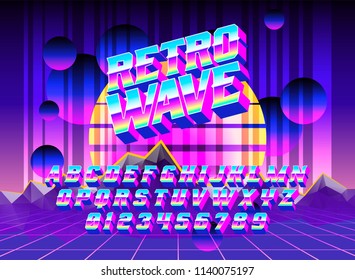 Genial tipo de onda Retro con ciberespacio sintetizar el paisaje de neón. Es bueno para letras brillantes y logos inolvidables.

