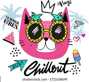 cool typography summer print Funny  cat in pineapple glasses with slogan. Childish illustration four textile, t shirt, posters, print, baby clothes, wrapping  paper. Creative kids original design 