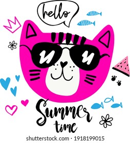 cool typography summer print Funny  cat in  glasses with slogan. Childish illustration four textile, t shirt, posters, print, baby clothes, wrapping  paper. Creative kids original design 