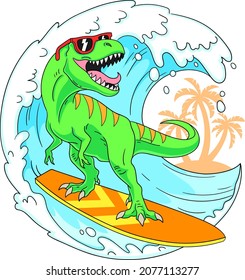 Cool tyrannosaurus surfer rides a sea wave. Vector illustration isolated