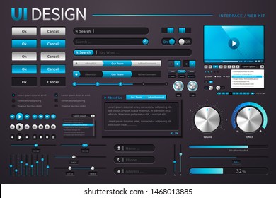 Diseño de interfaz de usuario genial con diferentes botones en tono azul y negro, ilustración 3d