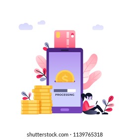 Cool ultraviolet vector contactless direct person to person payment using smart phone application and bank account credit card data. Concept design on people using their phones as electronic wallets