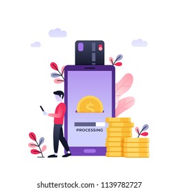 Cool Ultraviolet Vector Contactless Direct Person To Person Payment Using Smart Phone Application And Bank Account Credit Card Data. Concept Design On People Using Their Phones As Electronic Wallets