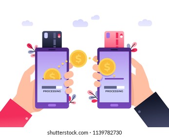 Cool ultraviolet vector contactless direct person to person payment using smart phone application and bank account credit card data. Illustration concept people using their phones as electronic wallet