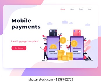 Cool ultraviolet vector contactless direct person to person payment using smart phone application and bank account credit card data. Landing page concept people using their phones as electronic wallet