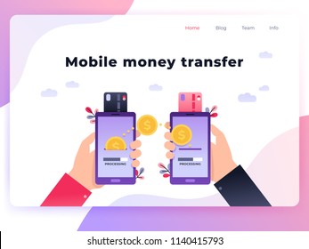 Cool ultraviolet vector contactless direct person to person payment using smart phone application and bank account credit card data. Landing page concept people using their phones as electronic wallet