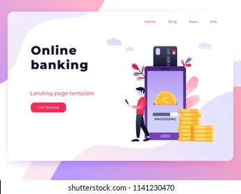 Cool ultraviolet vector contactless direct payment using smart phone application and bank account credit card data. Landing page concept people using their phones as electronic wallet