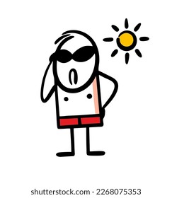 Cool undressed in sunglasses on the beach under the hot sun. Vector illustration of well-built teenager in red swimming trunks.