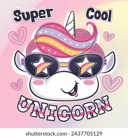 Dibujo animado de unicornio fresco usando gafas de sol con estrellas y arcoíris en el verano en el vector de ilustración de fondo pastel.