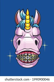 Cool Unicorn With Dental Braces Funny Horn Horse Smile Vector Illustration Graphic Design for Document and Print