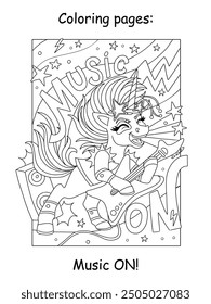 A cool unicorn with a electric guitar sings rock music. Kids coloring book page. Vector cartoon illustration on white background. Linear drawing. For colorings, prints, posters, stickers, puzzle