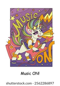 A cool unicorn with a electric guitar sings rock music. Vector color cartoon illustration on white background. Linear drawing. For design, colorings, prints, posters, stickers, puzzle