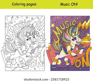 A cool unicorn with a electric guitar sings rock music. Kids coloring book page with color template. Vector cartoon illustration. Linear drawing. For colorings, prints, posters, stickers, puzzle