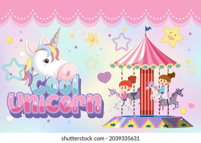 Cool unicorn font with kids playing carousel illustration