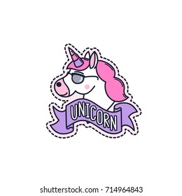 Cool unicorn with glasses and with blue ribbon on a white background. It can be used for sticker, badge, card, patch, phone case, poster, t-shirt, mug etc.