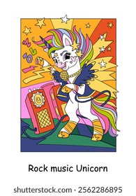 A cool unicorn with a microphone sings rock music. Vector color cartoon illustration on white background. For design, prints, posters, stickers, puzzle