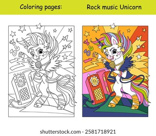 A cool unicorn with a microphone sings rock music. Kids coloring book page with color template. Vector cartoon illustration. Linear drawing. For colorings, prints, posters, stickers, puzzle