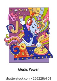 Cool unicorn musician in front of the DJ console. Vector color cartoon illustration on white background. Linear drawing. For design, colorings, prints, posters, stickers, puzzle