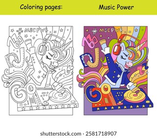 Cool unicorn musician in front of the DJ console. Kids coloring book page with color template. Vector cartoon illustration. Linear drawing. For colorings, prints, posters, stickers, puzzle