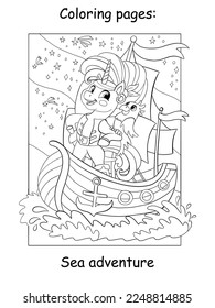 Cool unicorn pirate with a parrot traveling by sea on a ship. Kids coloring book page. Vector cartoon illustration on white background. Linear drawing. For colorings, prints, posters, stickers, puzzle