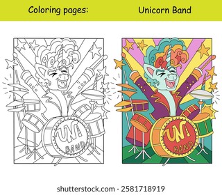 Cool unicorn playing the drums kids coloring with color template. Kids coloring book page. Vector cartoon illustration on white background. Linear drawing. For coloring, print, poster, sticker, puzzle