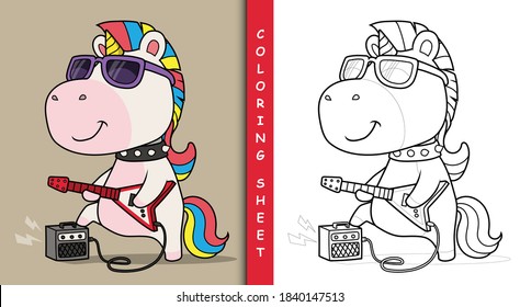 Cool unicorn playing guitar. Coloring sheet.