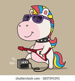 Cool unicorn playing guitar. Hand drawn.