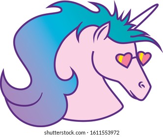 Cool unicorn portrait in heart shaped glasses.  Vector unicorn head illustration.