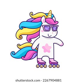 Cool paseo de Unicornio en patines de ruedas. Hada Unicornio con pelo de arcoiris de neón y patinaje de rodillos. Gracioso Unicorn Pony para niños diseño de impresión. Ilustrador vectorial aislado